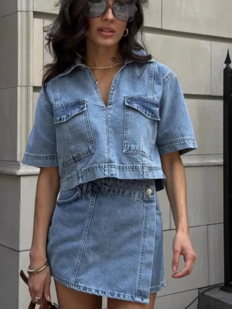 

Three Sisters Summer Fashion Casual Comfort Vacation Seaside Party Woman Clothes Solid Color Short Denim Shirt Two Piece Set