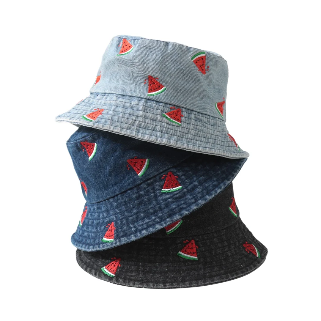 

New Summer Denim Bucket Hat For Women Embroidery Watermelon Cherry Strawberry Outdoor Sunshade Fisherman Cap Men Best Matched