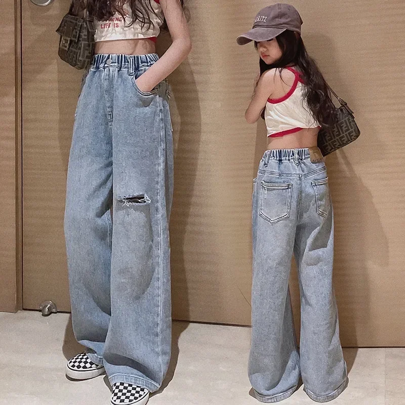 

New Spring Girls Clothes Kids Straight Ripped Hole Loose Jeans Elastic Waist Trousers Child Teen Denim Wide Leg Pants miss