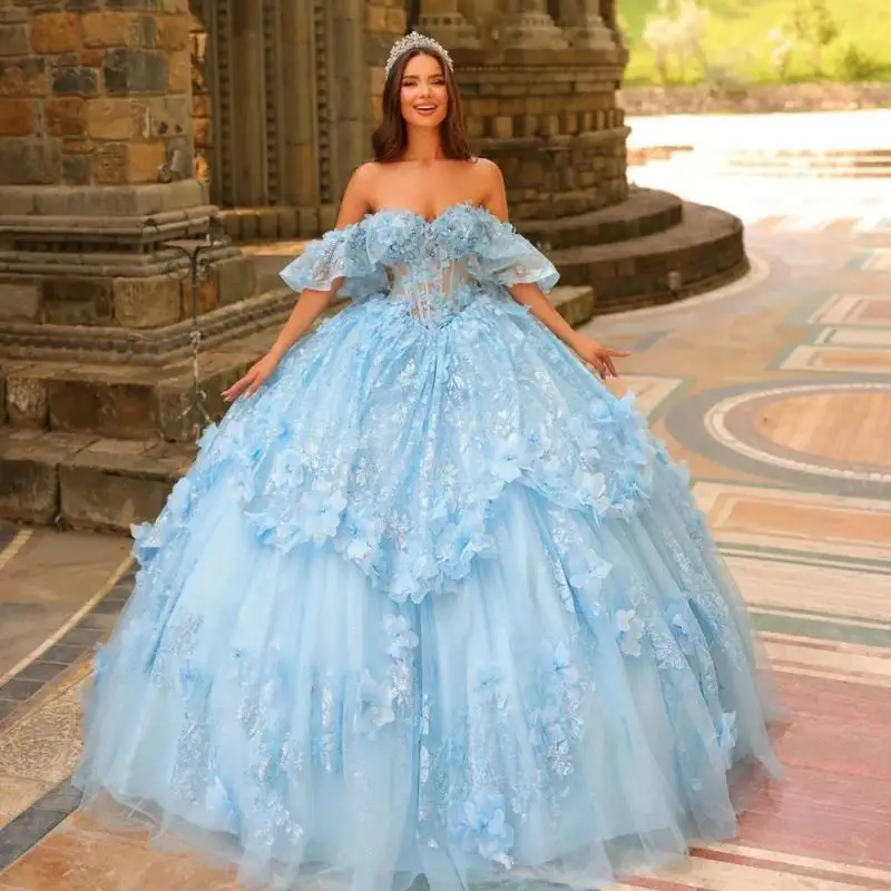 Luxurious 3D Flower Applique Quinceanera Dress 2025 Charming Lace Party Dress Shiny 3D Flower Party Gown 16 Customized