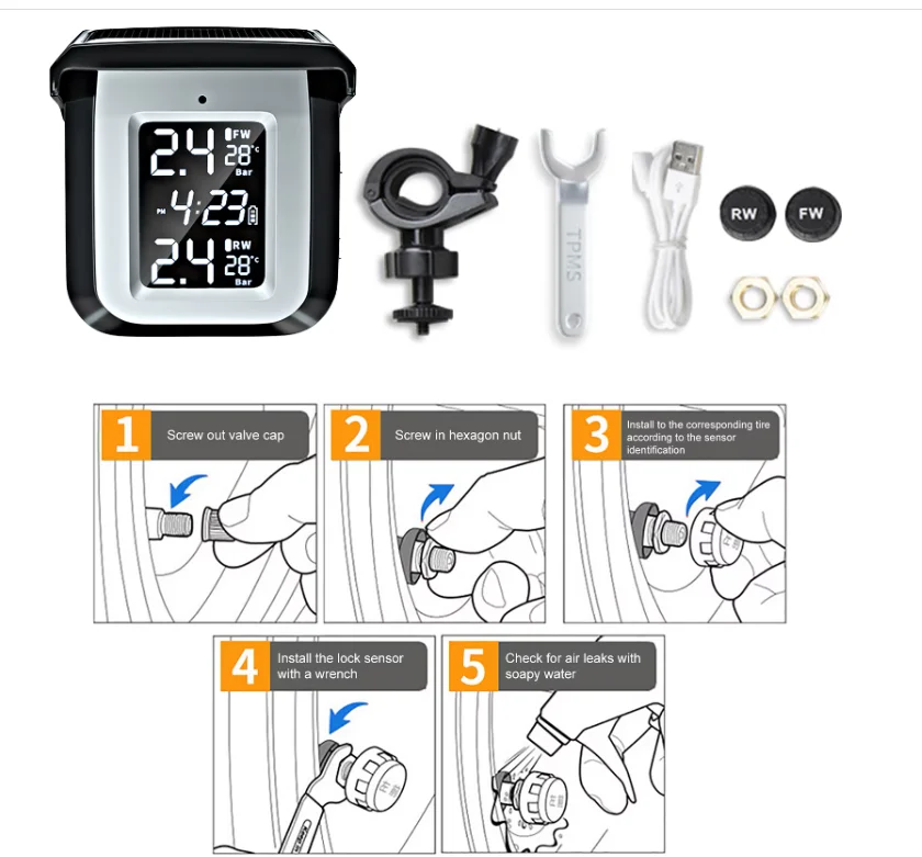 

Motorcycle TPMS Sensor Motor Tire Pressure Temperature Monitoring Alarm System With 2 External Sensors LCD Display USB Charging