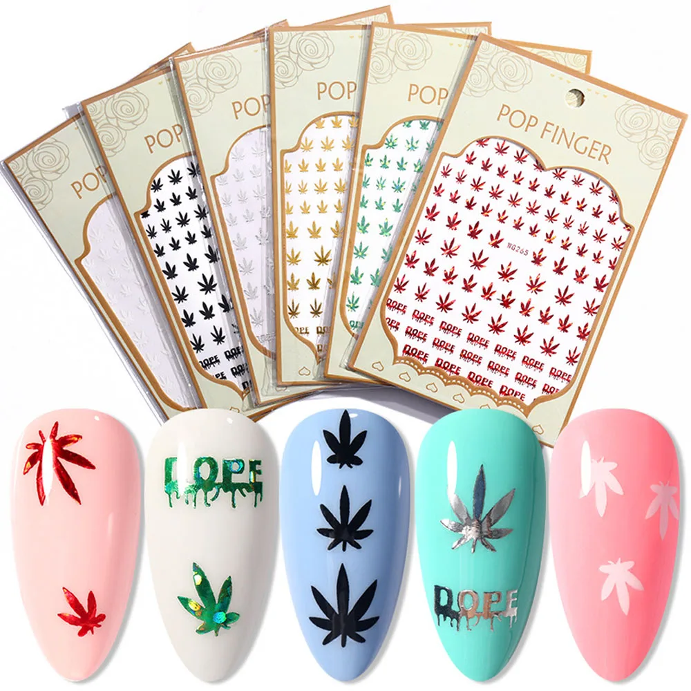 Holographic Women Salon Mixed Acrylic Nail Tips Self Adhesive Manicure Decoration Weed Leaf Designs Nail Stickers