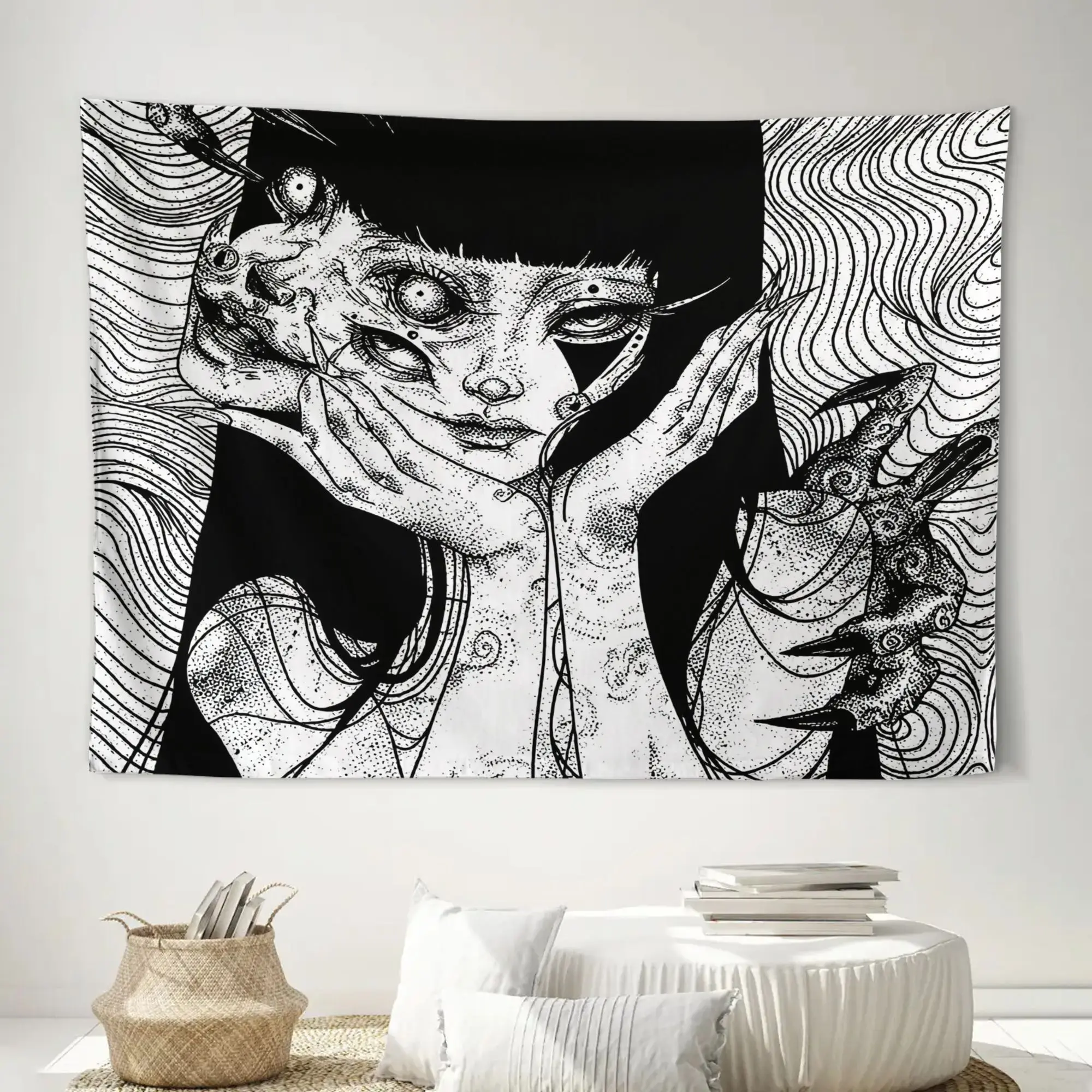 Tapestry Curtain Wall Hanging Dark Art Gothic Surreal Aesthetic Monochrome Portrait Print Boho Chic Bohemian Home Decor