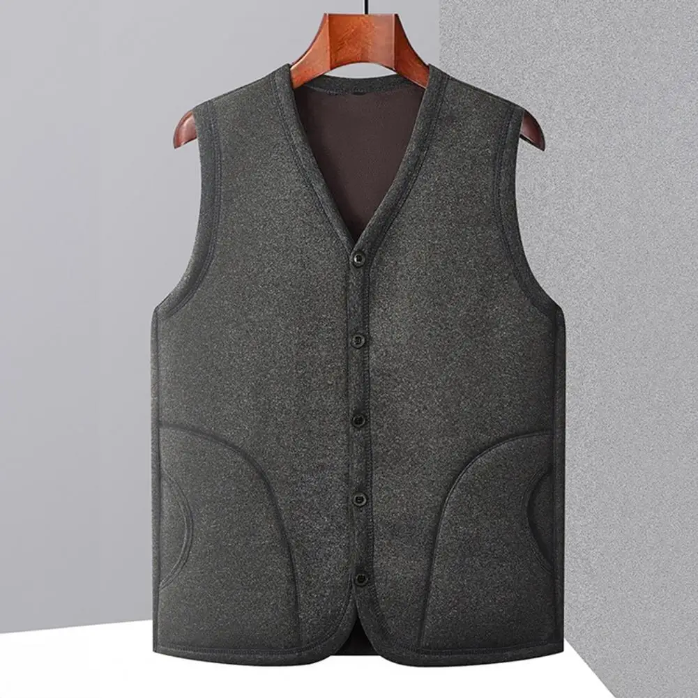 Men Winter Vest Coat V-Neck Sleeveless Single-Breasted Waistcoat Solid Color Thickened Velvet Lining Bottoming Tops