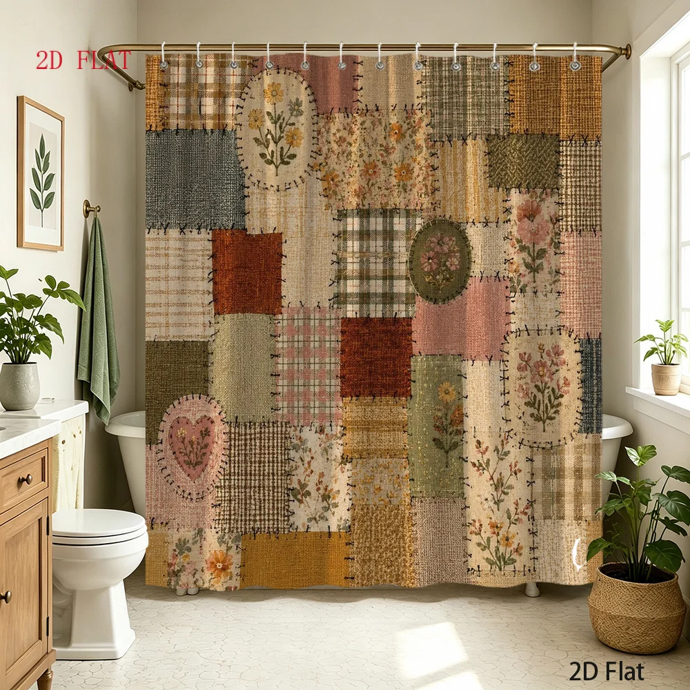 Vintage Patchwork Quilt Shower Curtain Bathroom Decor Rustic Farmhouse Style Waterproof Shower Curtain Liner
