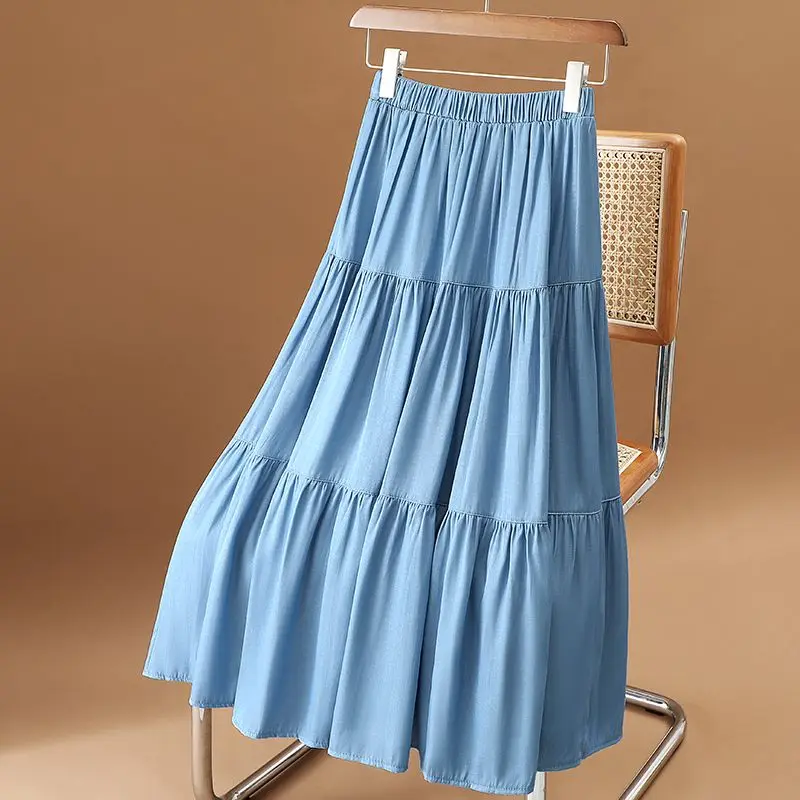 2024 New Arrival Spring Summer Women Loose Fit Casual  A-line Elastic Waist Mid-calf Cotton Denim Skirt