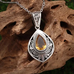 Classic Ethnic Drop Shape Yellow Crystal Gemstone Pendant Necklace Women's Fashion Elegant Jewelry Mother's Day Gift