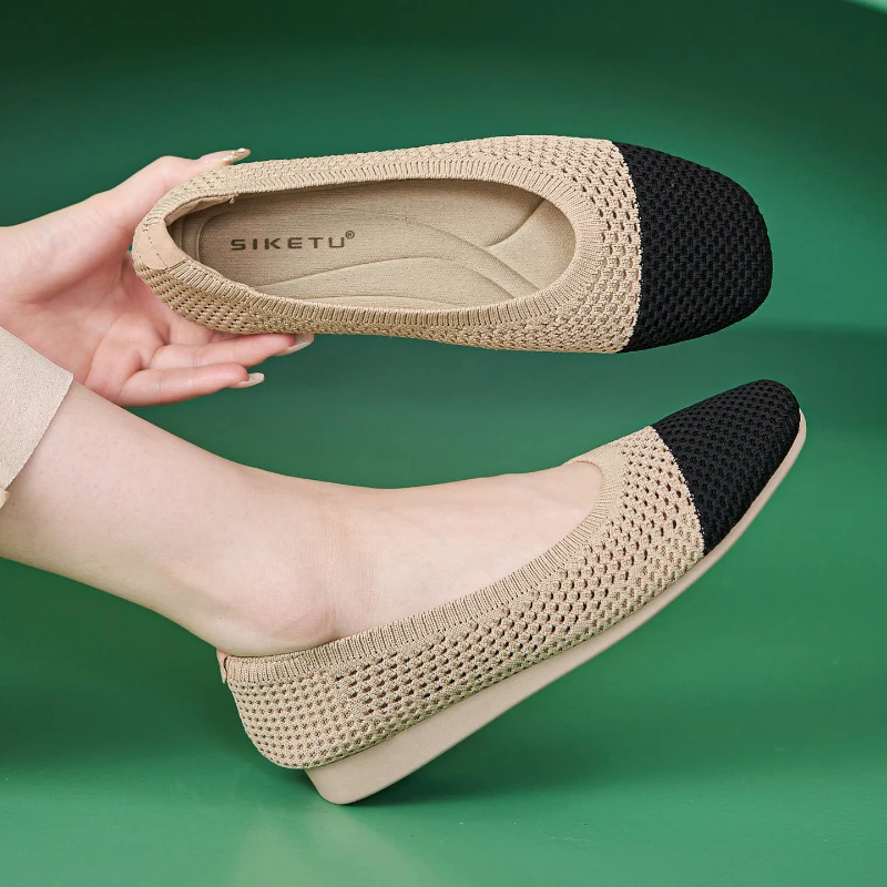 

Breathable Knit Ballet Flats Two Tone Square Toe Low Wedge Heel Comfortable Dress Shoes Office Daily Wear Non Slip Walking Flats