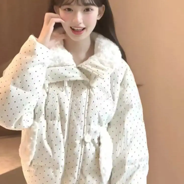 

Korejpaa Parka Mujer, корейская модная теплая зимняя куртка в горошек, нежный меховой воротник, милая женская одежда, элегантный топ с длинными рукавами