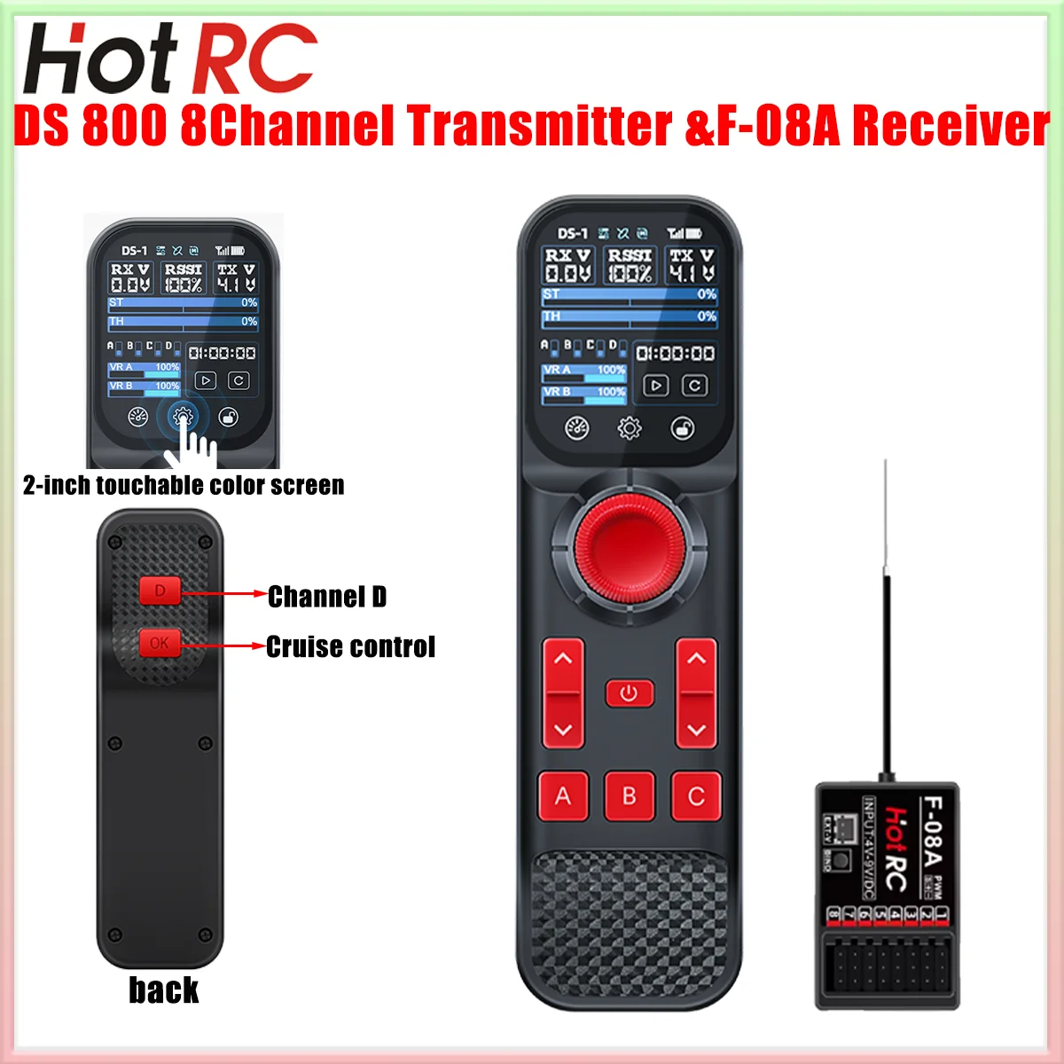 Mais novo transmissor de sistema de rádio HOTRC DS-800 8CH 2.4G 2 polegadas tela colorida sensível ao toque controle remoto receptor F-08A para barco RC