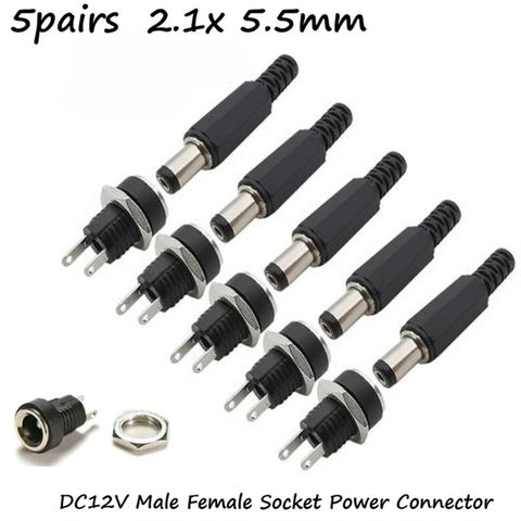 5 Pair DC 12V Male Female Socket Panel Mount Barrels Jack Plug Power Connector Female Jack Screw Nut Panel Mount Connector