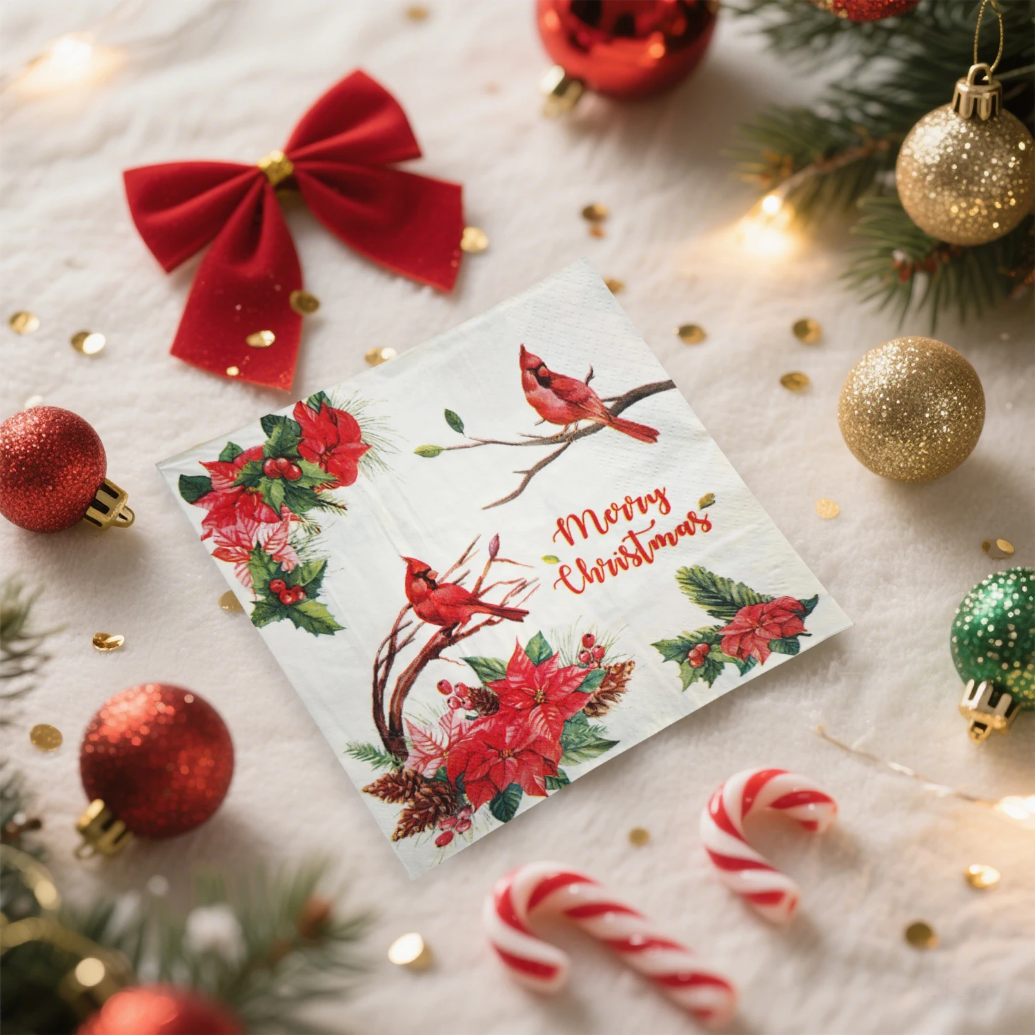 20 قطعة مناديل ورقية لعيد الميلاد الاحتفالية - تصميم طائر الكاردينال والبونسيتة وهولي التوت، مناديل ديكوباج للاستعمال مرة واحدة مقاس 33 × 33 سم