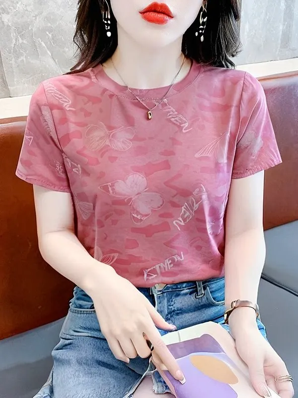 

Summer Printed Loose Women's T-shirt Short Sleeve Versatile Mom's Top Korean Style Commute Fashion Polyester Fiber ...