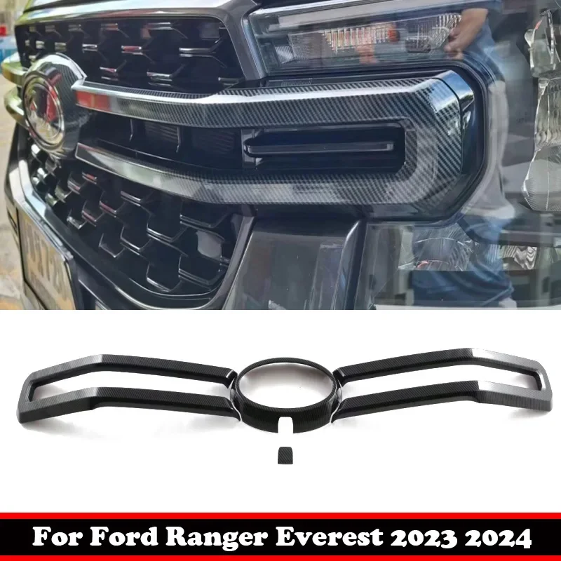 For Ford Everest Ranger 2023 2024 carbonfiber black Front Hood mesh Grille Bonnet Lip Molding Cover Trim Exterior Accessories