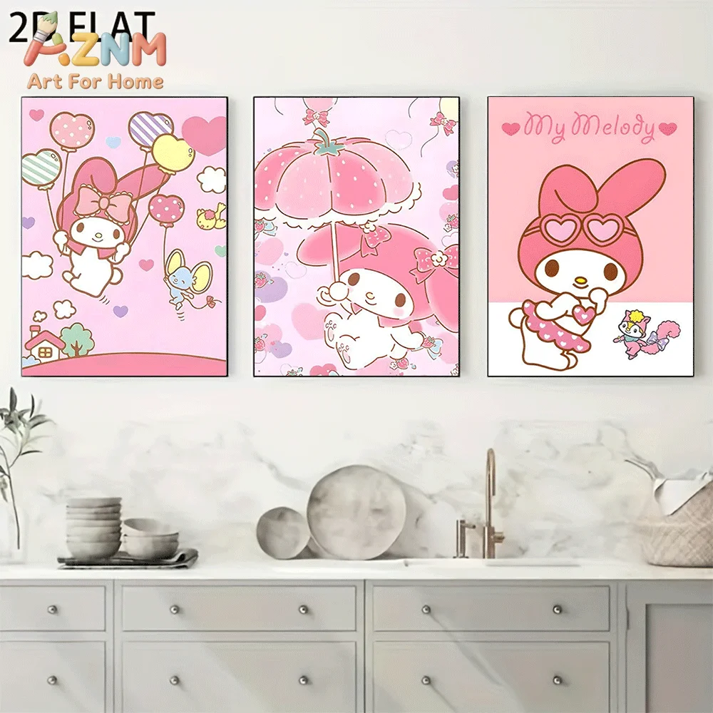 AZNM Sanrio My Melody Canvas Wall Art Unframed Cute Cartoon Pink Balloon Umbrella Heart Theme Print Painting Girls Bedroom Home