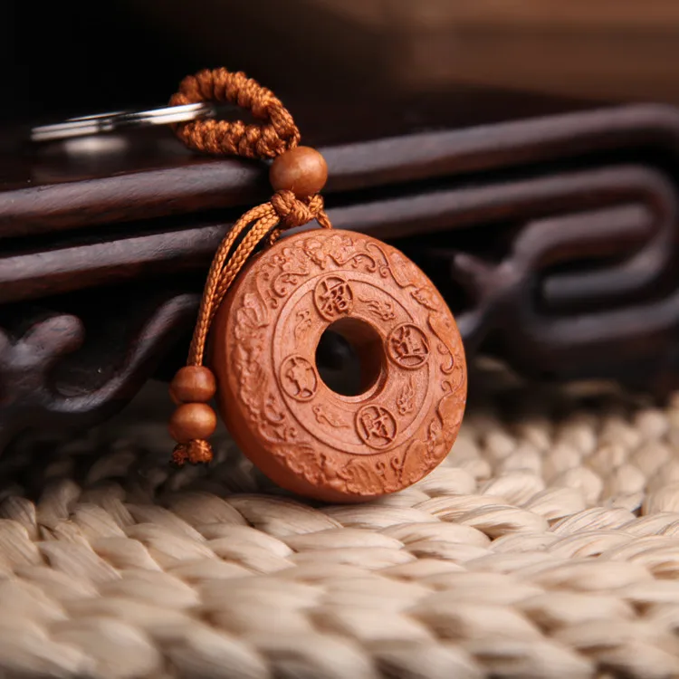 Ping An Buckle Peach Wood Keychain Stereoscopic Car Keychain Pendant, Ornament Sculpture, Small Gift, Feng Shui Decoration
