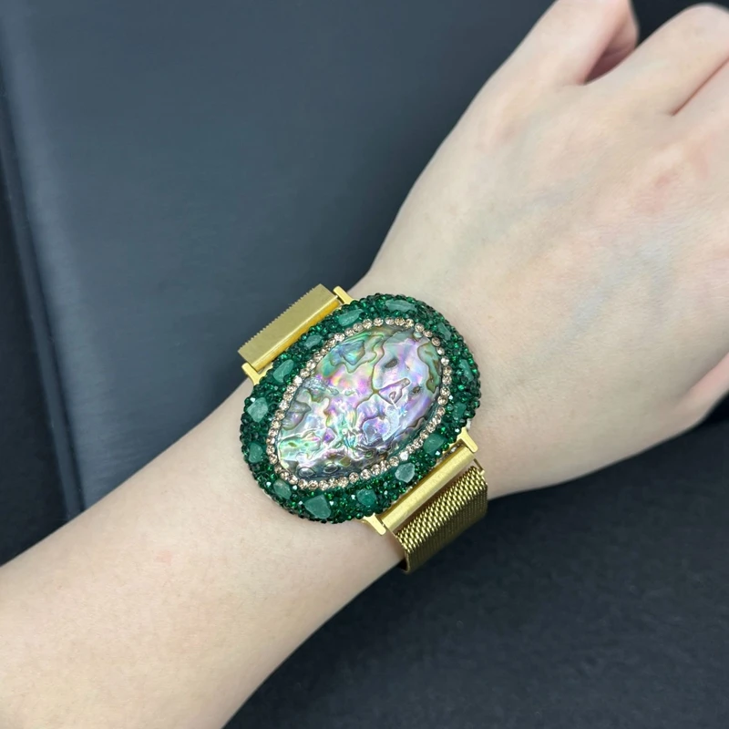 Natural Abalone Shell Tourmaline Crystal Steel Chain Bangle Ring Sets for Women 100% Handmade Pearl Shell Quartz AmethystJewelry