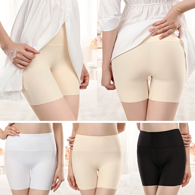 L-3XL sem costura inferior shorts feminino tamanho grande calcinha de cintura alta barriga quadris calças de segurança roupa interior fina pele preta cuecas de seda gelo