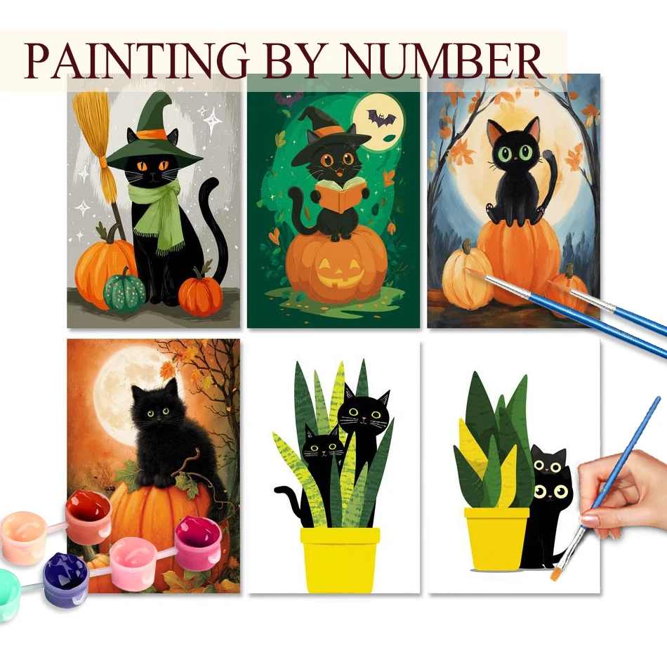 

GATYZTORY Cartoon Painting By Numbers With Frame Black Cat Coloring By Numbers Wall Art Picture Drawing On Canvas For Adults
