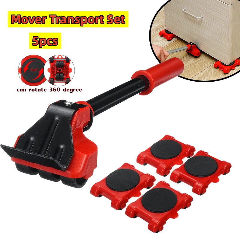 5Pcs Heavy Duty Furniture Lifter Furniture Mover Set 4 Sliders 1 Wheel Bar for Lifting Moving Washing Machine Refrigerator