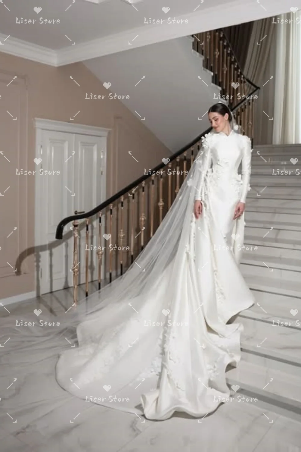 Liser Customized Ivory Mandarin Collar Long Sleeve Satin Wedding Dress 3D Floral Appliques Detachable Overskirt Long Train 2026