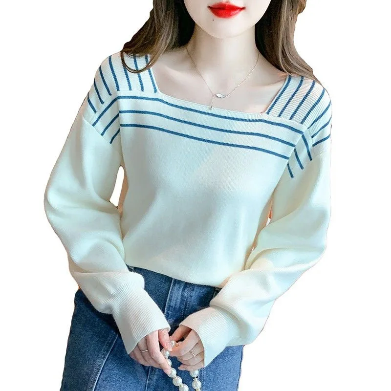 New Autumn and Winter Fashion Trend French Stripe Round Neck Loose and Versatile Western Style Slim Long Sleeve Women's Sweater