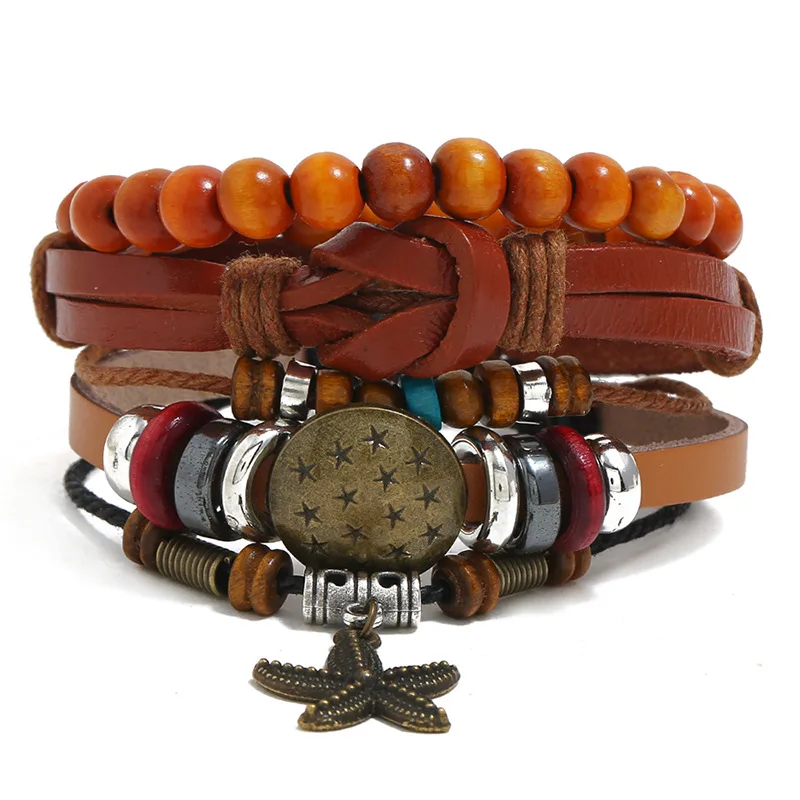 

New Trendy Beads Alloy Starfish Charm Women Genuine Leather Bracelets Punk Style 3pcs/set Men Bracelet Homme Femme Male Jewelry