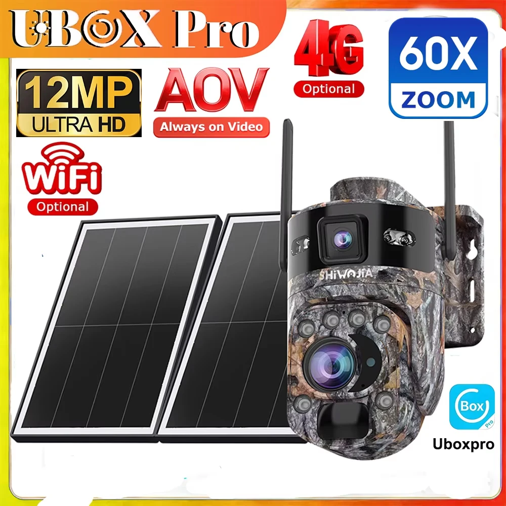 SHIWOJIA 60X ZOOM 12MP 4G SIM Solar Camera AOV 24/7 Video Recording Outdoor 360° WIFI Battery Security Cameras PIR Night Vision