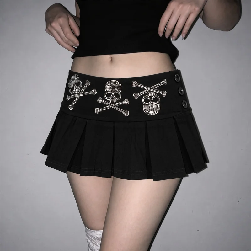 Women's Y2K Gothic Skull Print Pleated Skirt Black High Waist Rhinestone Waistband Side Button  Punk 2000s A Line Skirt