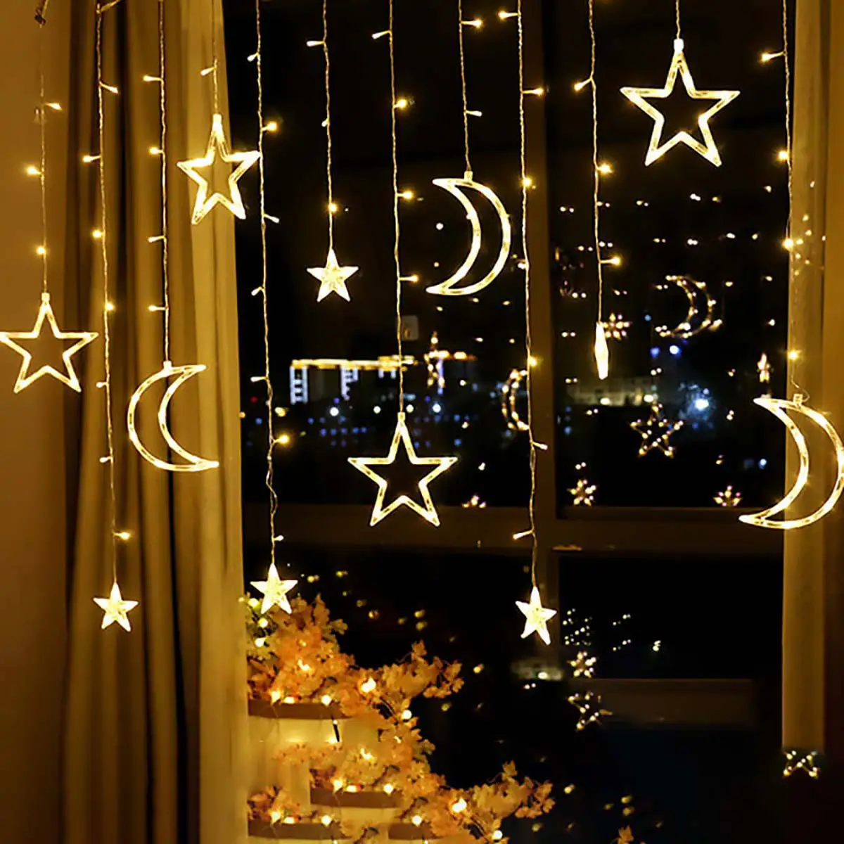 LED Star and Moon Curtain Fairy Lights, Guirlanda de Cordas, Decoração de Casamento, Decoração de Natal e Ano Novo, Romântico, 3,5 m