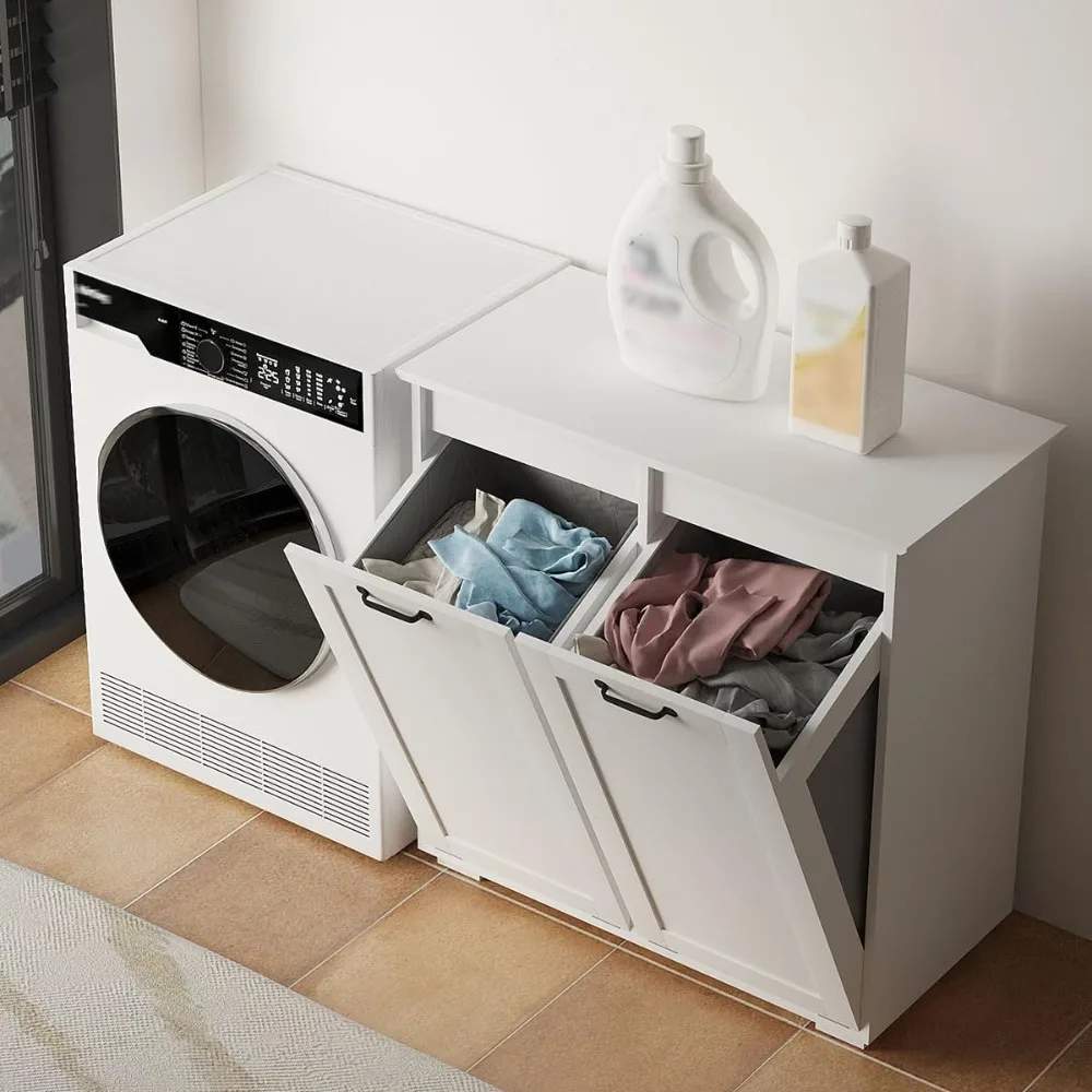 Bathroom Laundry Cabinet with Storage Basket,2 Tilt Out Laundry Hamper Trash Cabinet ,Freestanding Hidden Wood Garbage