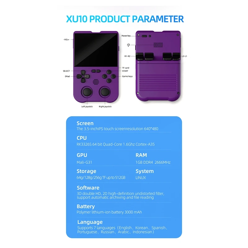 XU10 وحدة تحكم ألعاب ريترو ، عصا تحكم مزدوجة ، مشغل ألعاب ثلاثية الأبعاد ، RK3326S ، 64Bit ، 3000mAh ، شاشة IPS ، 128G ، 3.5"