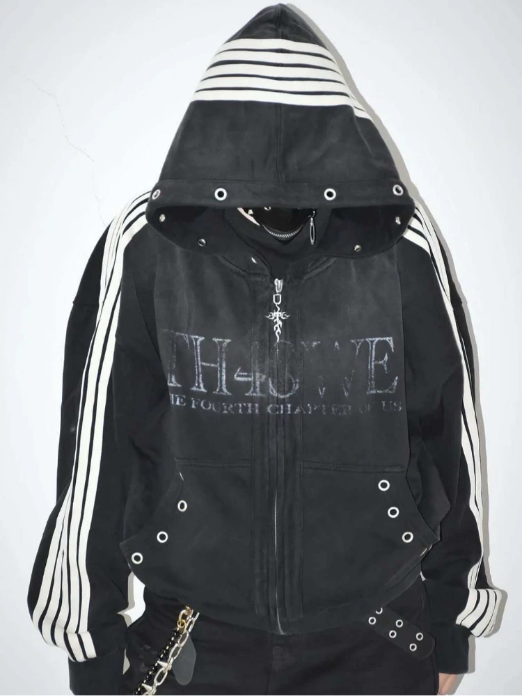 Men Cropped Zip Up Hooded Jacket Oversized Drop Shoulder Striped Sleeve Eyelet Pocket Vintage Letter Streetwear For Teen Guys