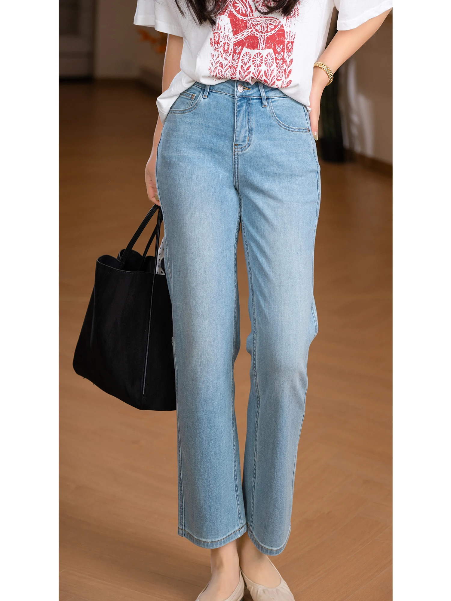 

Slim Straight Cotton Denim Jeans Ladies Natural Waist Button Closure Heavyweight Nine-Tenths Washed Cotton Viscose Fibre