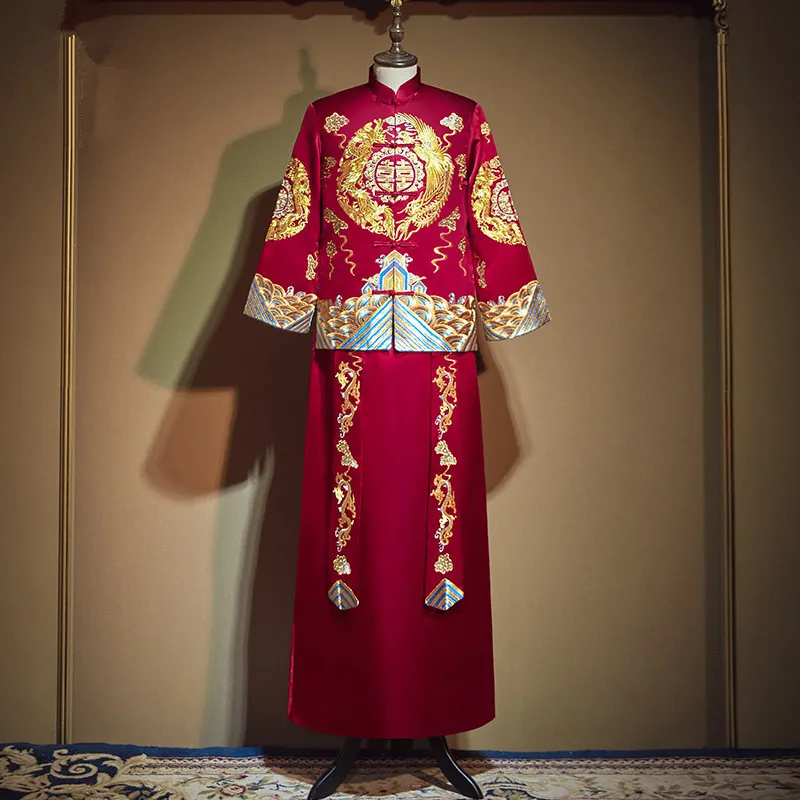 Chinese Men Dragon Phoenix Xiuhe Suit Groom Wedding Qun Kwa Golden Embroidery Oriental Bridegroom Costumet Tang Suit