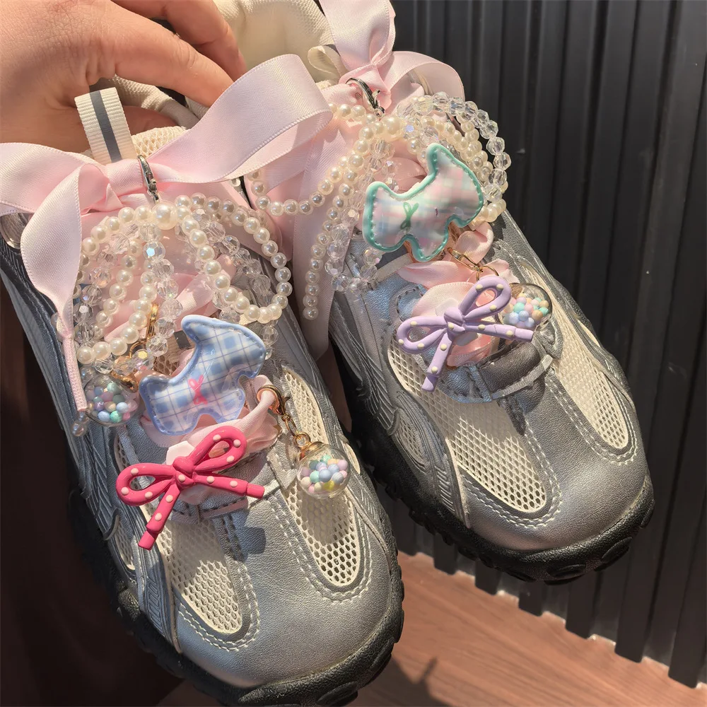 

New dopamine Colorful bow Shoe laces Charms for Sneakers Cartoon Dog Shoe Decorations Charm Crystal Pearl Bow Shoes Accessories