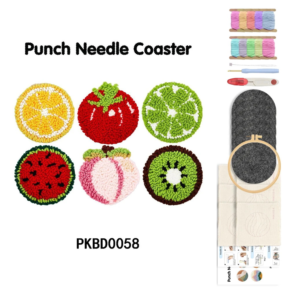 

GATYZTORY DIY 6PCS Fruit Pattern Punch Needle Coaster Suitable For Adults Beginner Handmade Embroidery Set Gift Desktop Decor