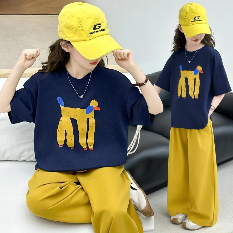 

Summer new children's short-sleeve long-pants set for young girls, cartoon print, round-neck, casual and fashionable outerwear s