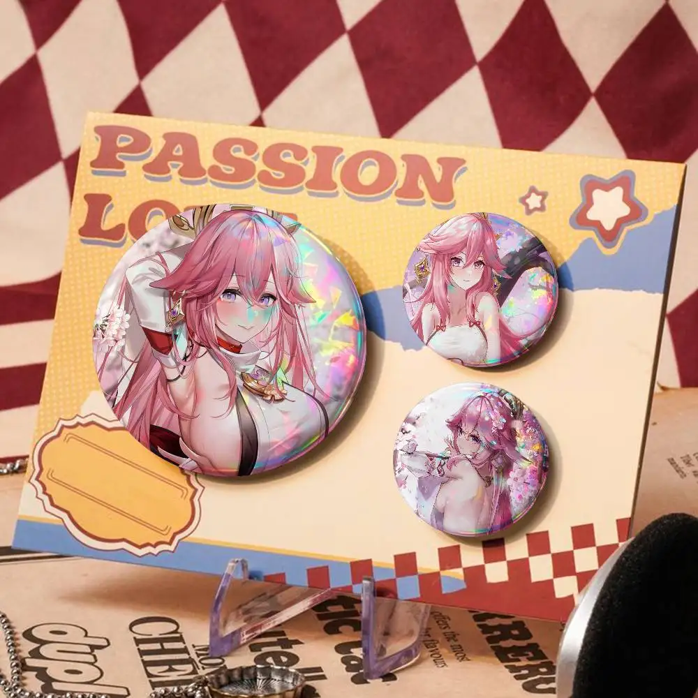 Yae Miko Genshin Impact For Badge Laser Holographic Custom Badge Image Metal Lapel Pin Brooch For Clothing Backpack Decorative