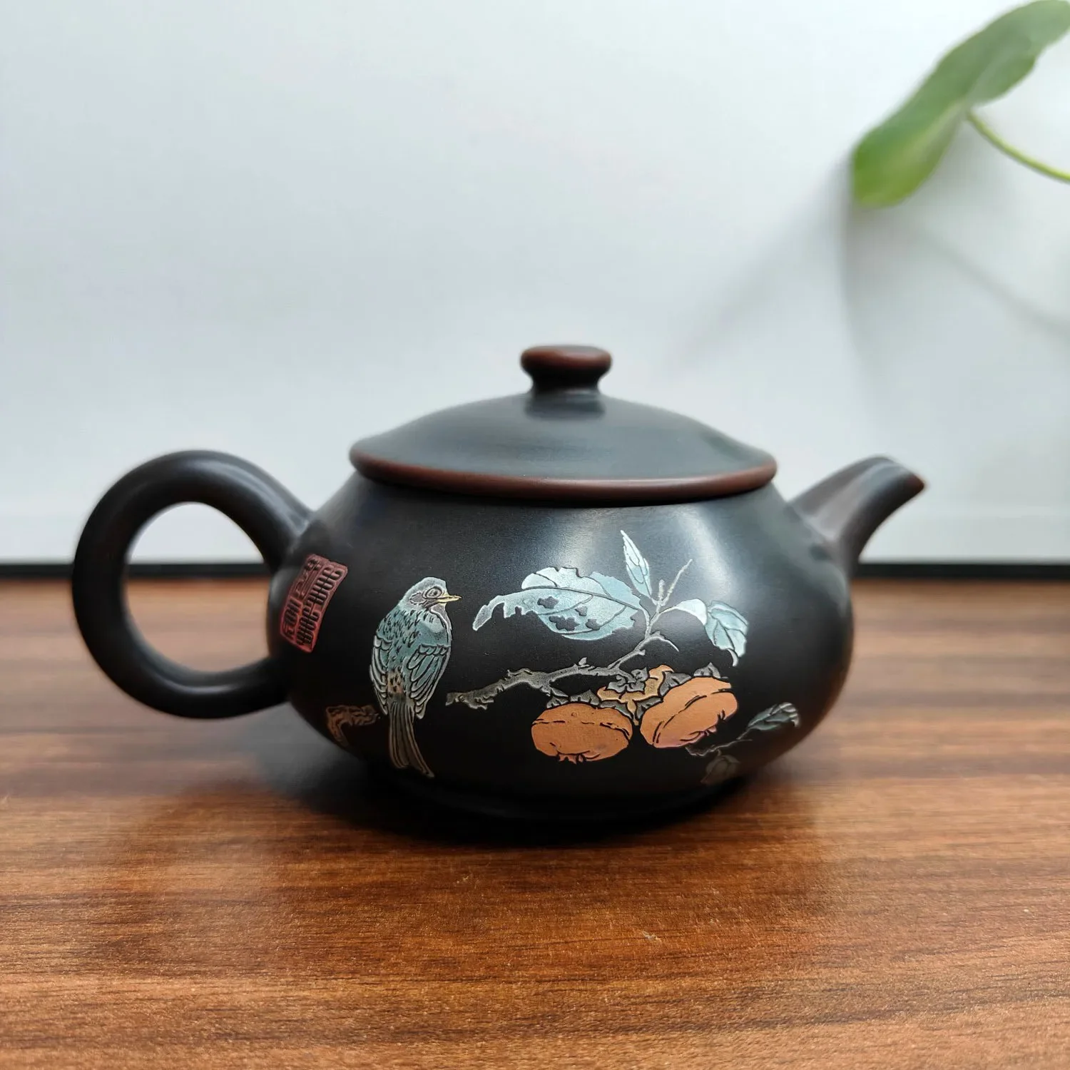 Nixing pottery teapot raw ore pure hand-carved bird persimmon picture purple pottery bubble teapot kung fu tea set household
