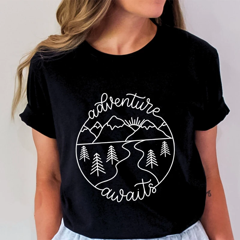 Adventure Awaits Outdoor Graphic T Shirts Women Mountain Nature Lover Gift Crew Neck Short Sleeve T-shirt Adventure Classic Tops