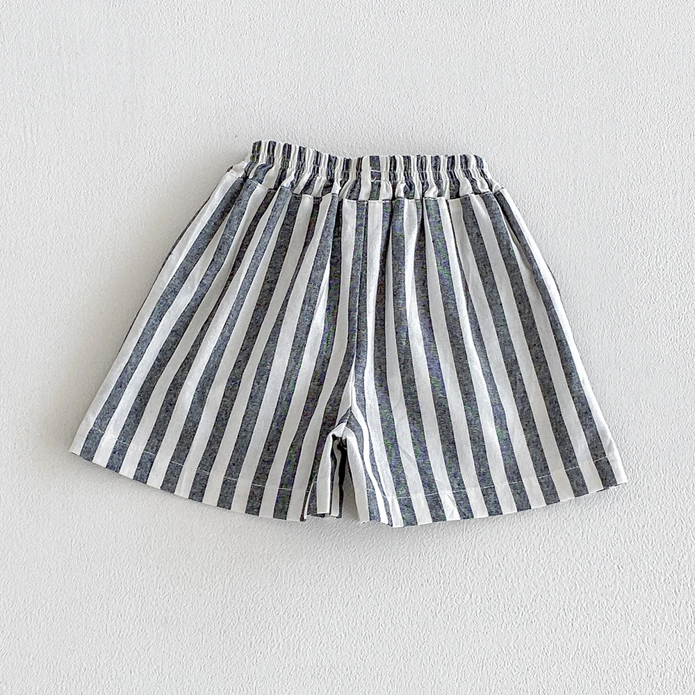 Sommerliche klassische Shorts für Jungen, gestreifte Shorts, elastische Taille, lässige Knöpfe, Taschen, kurze Babyhosen für Kleinkinder, Jungenkleidung – Detail 9