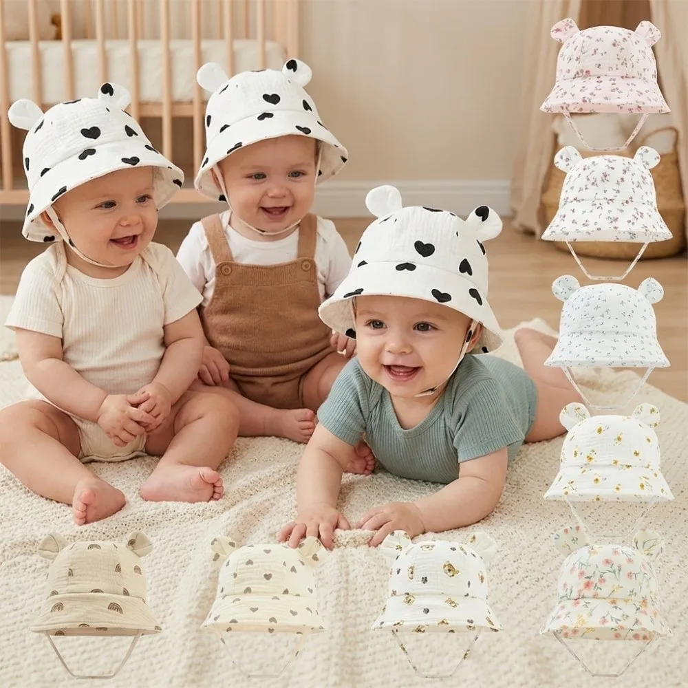 

New Cotton Baby Sun Hat Adjustable Breathable Children Beach Caps Print Design Soft Rabbit Ear Hat Outdoor Use