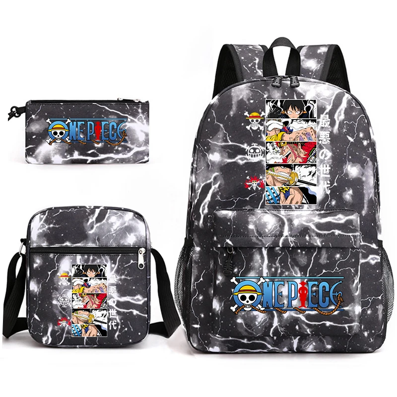 Mochila Escolar con Estampado de Anime de One Piece Luffy, Juego 3 en 1, Bolsa de Hombro, Estuche para Lápices, para Niños y Niñas