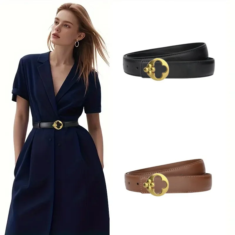 Chic Women Thin Waist Belt Classic Gold Hollow Hardware Buckle Waistband Daily Decor Strap For Jeans Skirt Office Casual Street