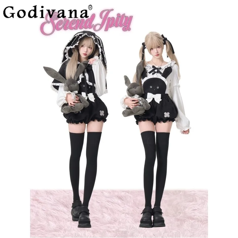 

Winter Japanese Style Lamb Wool Cute Soft Girl Style Hooded Cape Gentle Base Layer Flower Bud Overalls Black Three-Piece Set