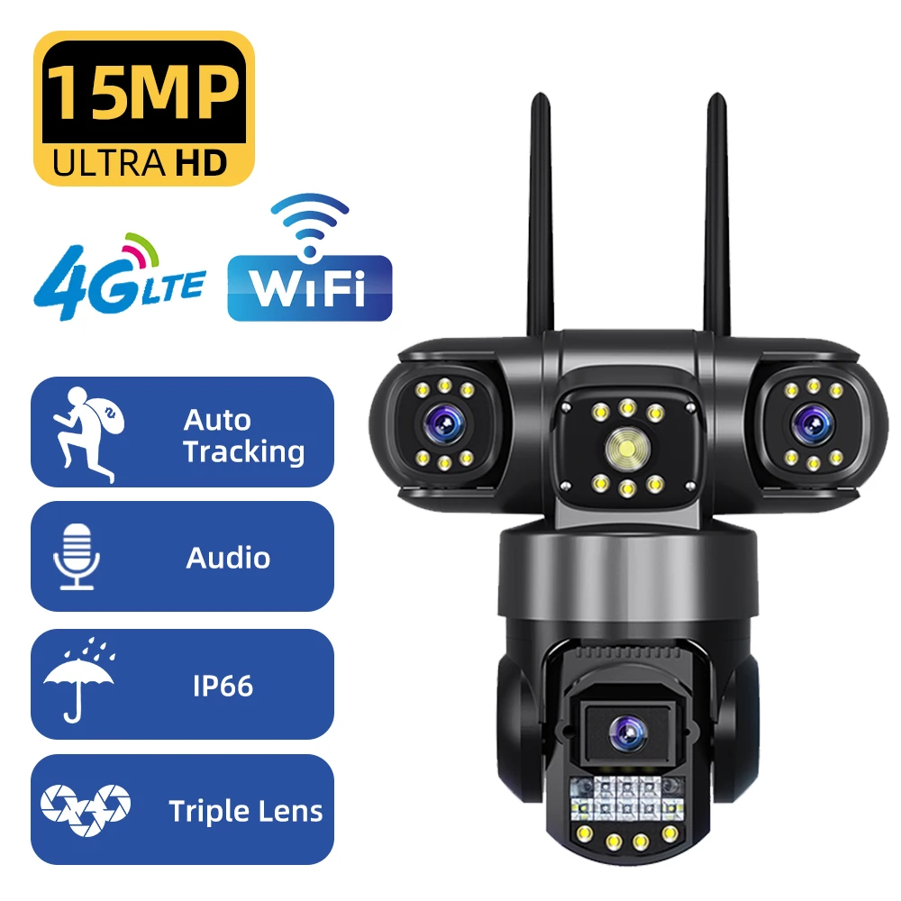 

IP-камера V380 PRO 4G, 15 МП, три объектива, три экрана, 10-кратный зум, монитор, ночное видение, защита безопасности, PTZ-видеонаблюдение