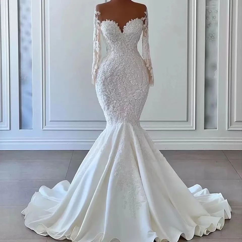 

Elegant Mermaid Wedding Dresses Sheer Neck Long Sleeve Sweep Train Appliques Beads Bridal Gowns vestidos de novia