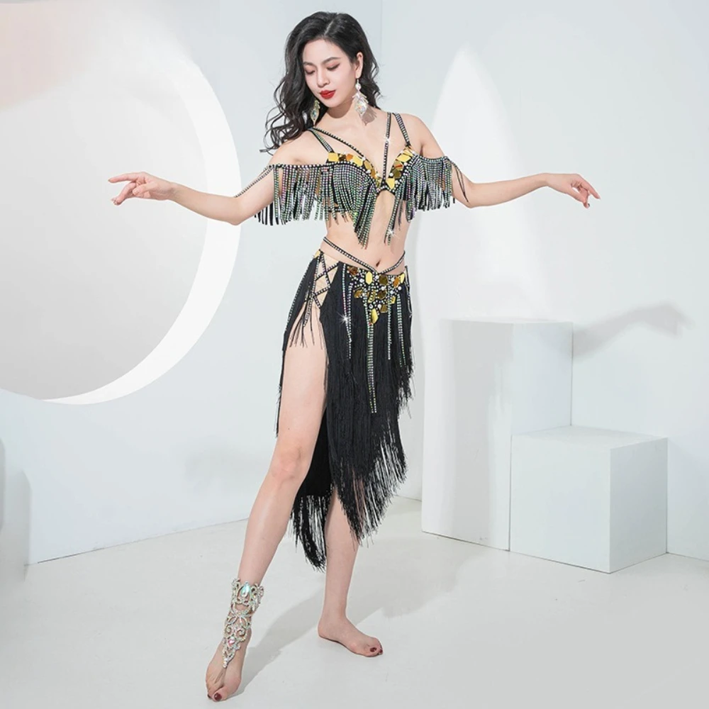 2025 Oriental Dance Costume Set | Belly Dance Fringe Outfit with Hotfix Rhinestones, Ethnic Performance Wear for Stage Shows