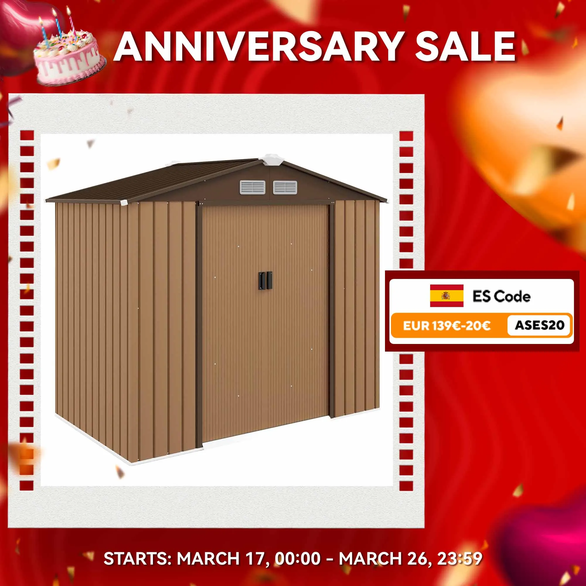Outsunny Caseta de Jardín 213x130x185 cm con 2 Puertas Correderas y 4 Ventanas